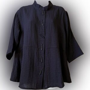 Habitat black linen like crinkle stick button Asian inspired tunic top S lovely!